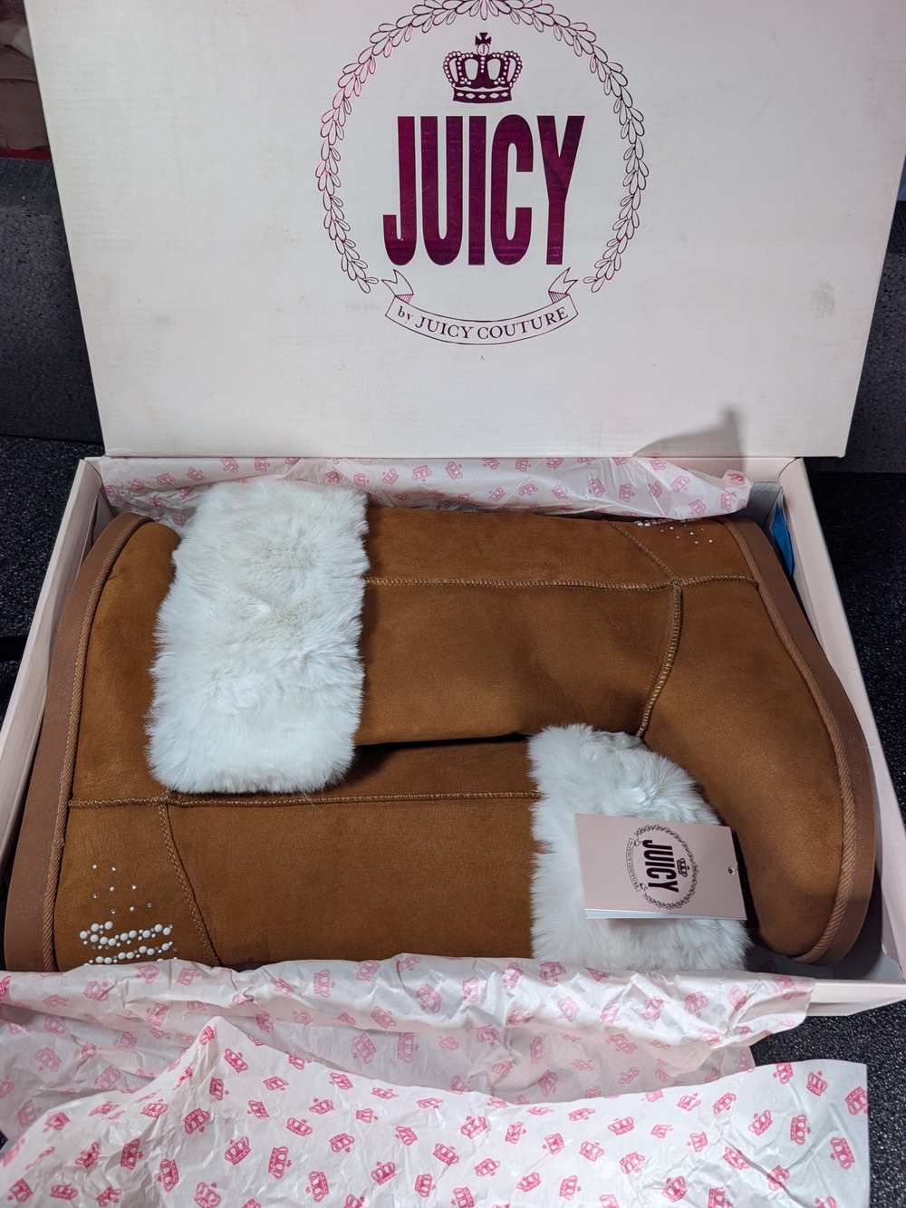 Juicy Couture Katy Women's Cognac Faux Fur Boots Size 10M Rhinestone NWT
